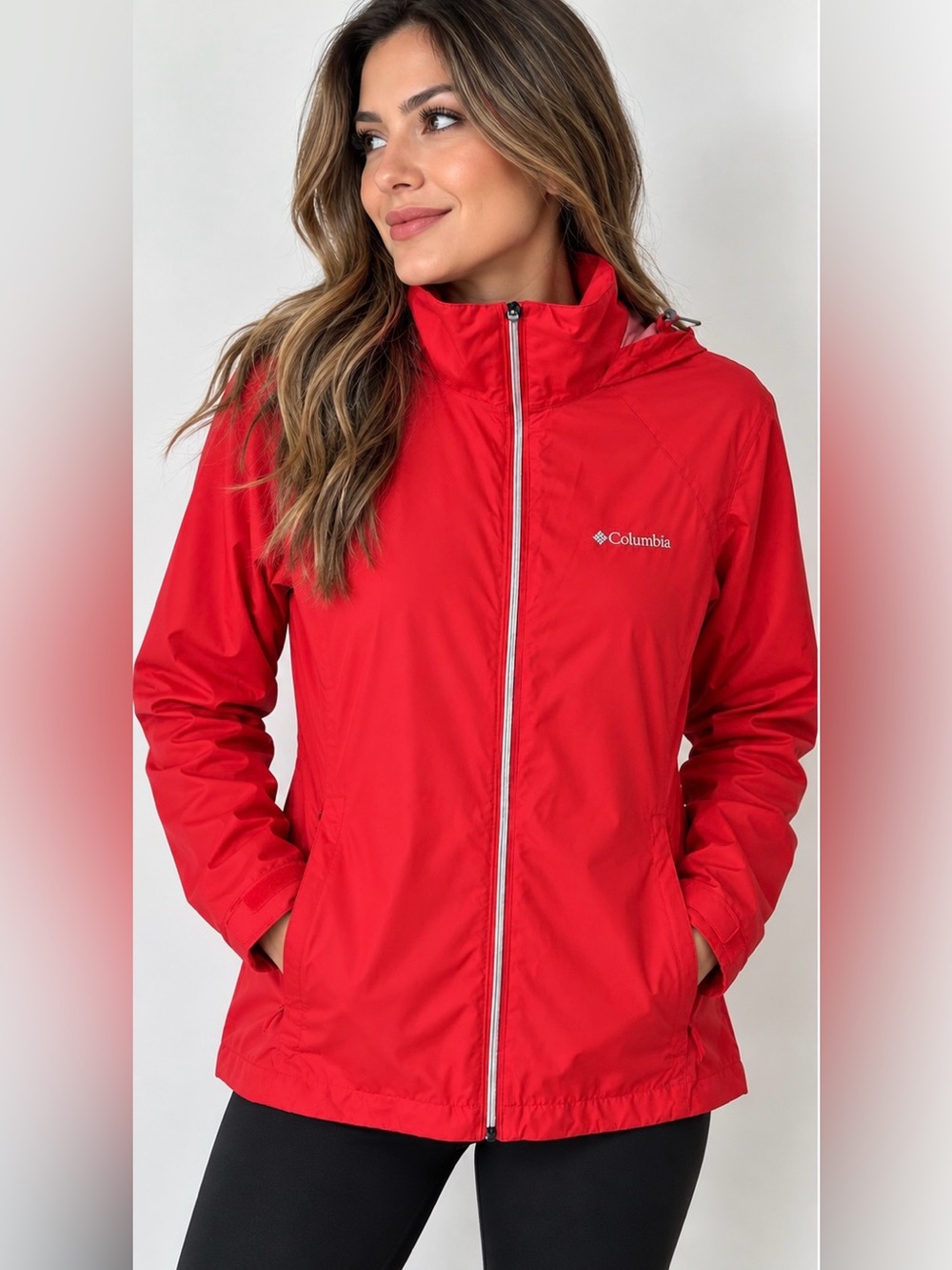 Columbia Women’s Red Hooded Rain Jacket Size M Lightweight Full Zip Windbreaker
